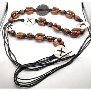 Hippie BoHo Vintage Mother of Pearl Shells Hand Painted Wooden Beaded Cord Belt